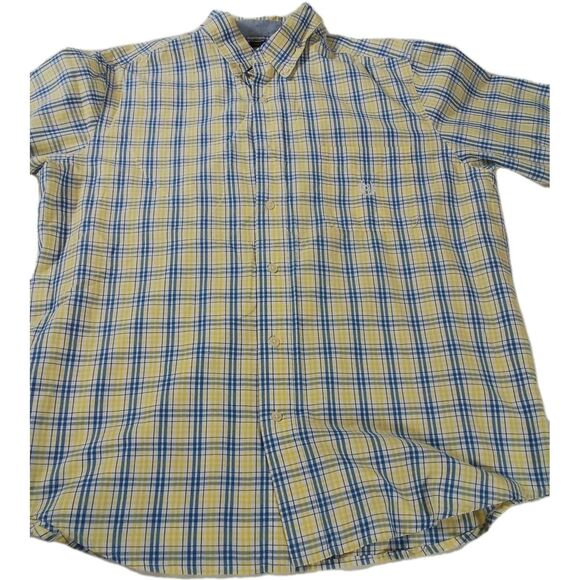 Men's Chaps Easy Care Yellow/Blue Short‎ Sleeve Button Up Shirt Size Large - Picture 1 of 9